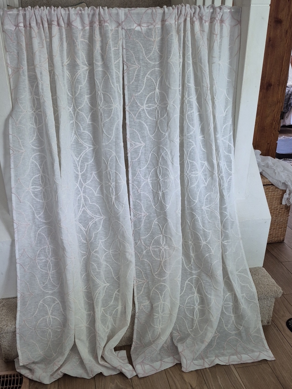 Two Vintage White Semi Sheer Curtain Panel Chenille Accent Pattern 36x63 (72x63)